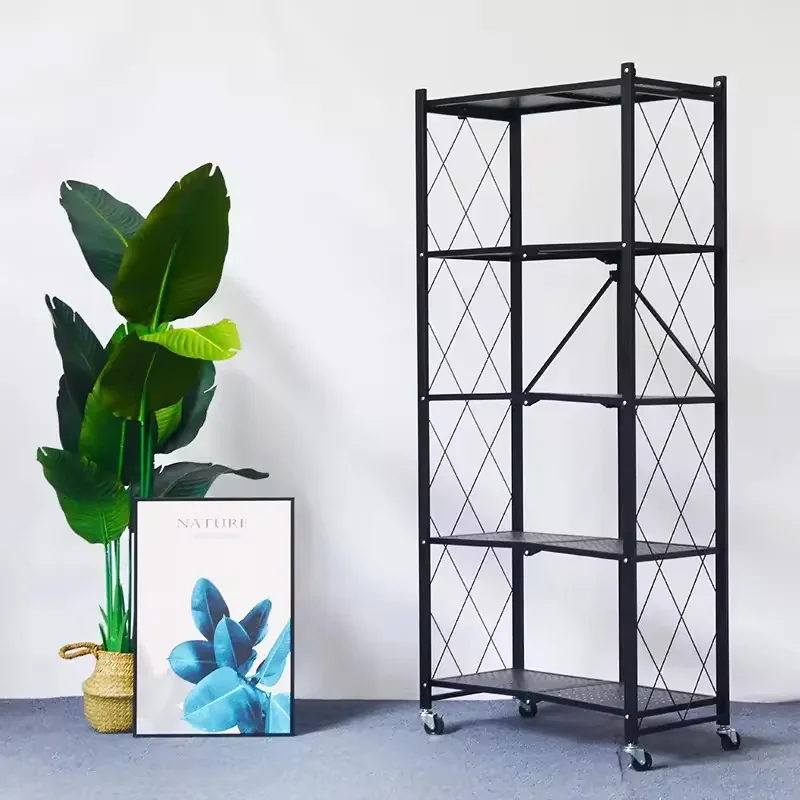 Multi-functional Foldable Multi Layer Shelves Kitchen Vegetable Metal Steel 5 Tier Folding Storage Rack with Wheels