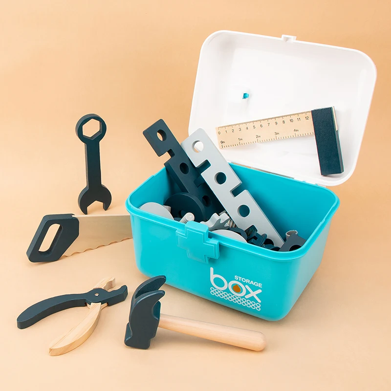 Newest construction play tool toy kid shape matching screw nut toys pretend wooden children toolbox toy