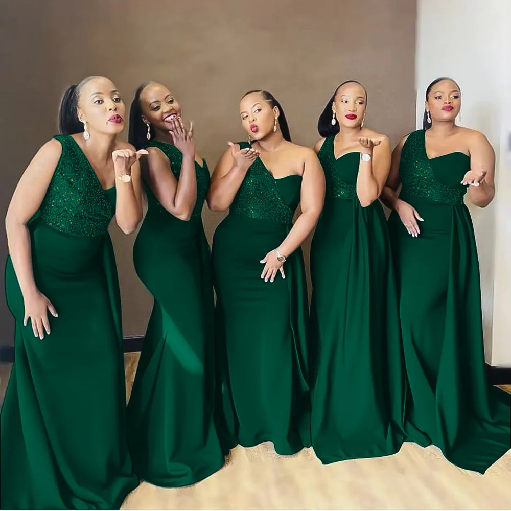 Latest Fashion Vestidos De Dama De Honor One Shoulder Emerald Green Long African Bridesmaid Dresses