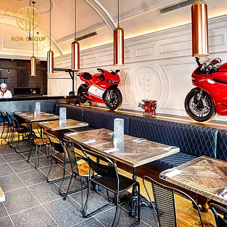 Leather bench sofa Coffee Shop Custom Commercial furniture solid cafe seating wood wooden restaurant booth table and chair set