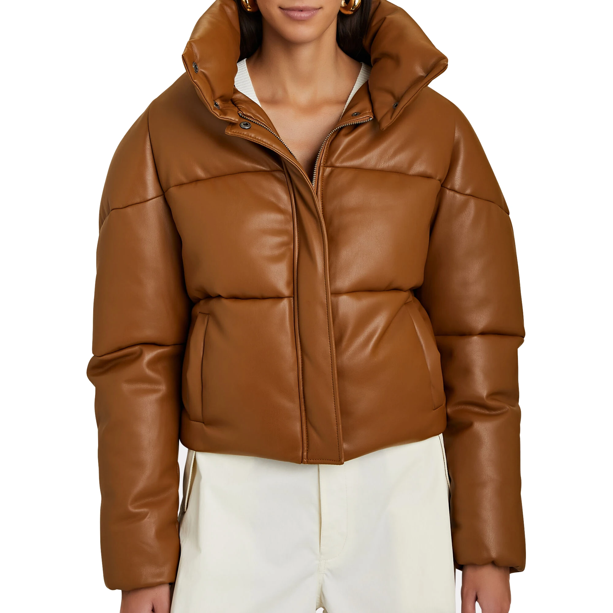 Custom Faux Leather Coat Warm Brown Oversized Stand Collar Leather Puffer Jacket