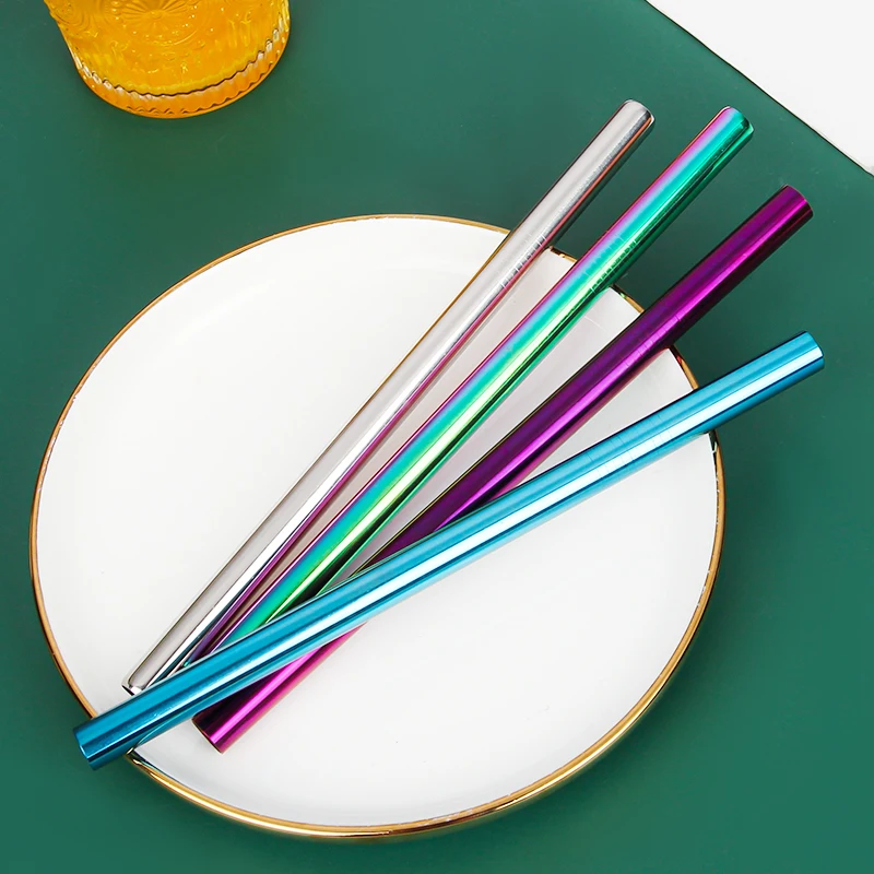 LOW MOQ Stainless Steel Smoothie Straws Wide Reusable Rainbow Metal Straws Fat Boba Straw for Bubble Tea