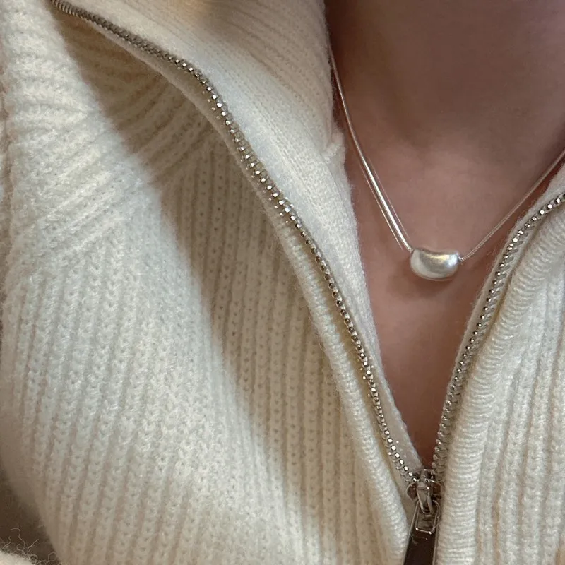 Real S925 Sterling Silver Frosted Big Bean Clavicle Chain Necklace Women Girl Fine Jewelry