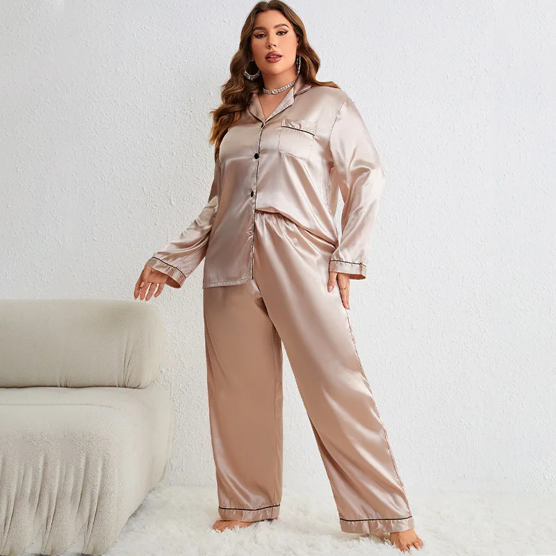 Woman silk pajamas plus size sleepwear satin long sleeve shirt trouser pyjamas larger casual home clothes XL-5XL solid