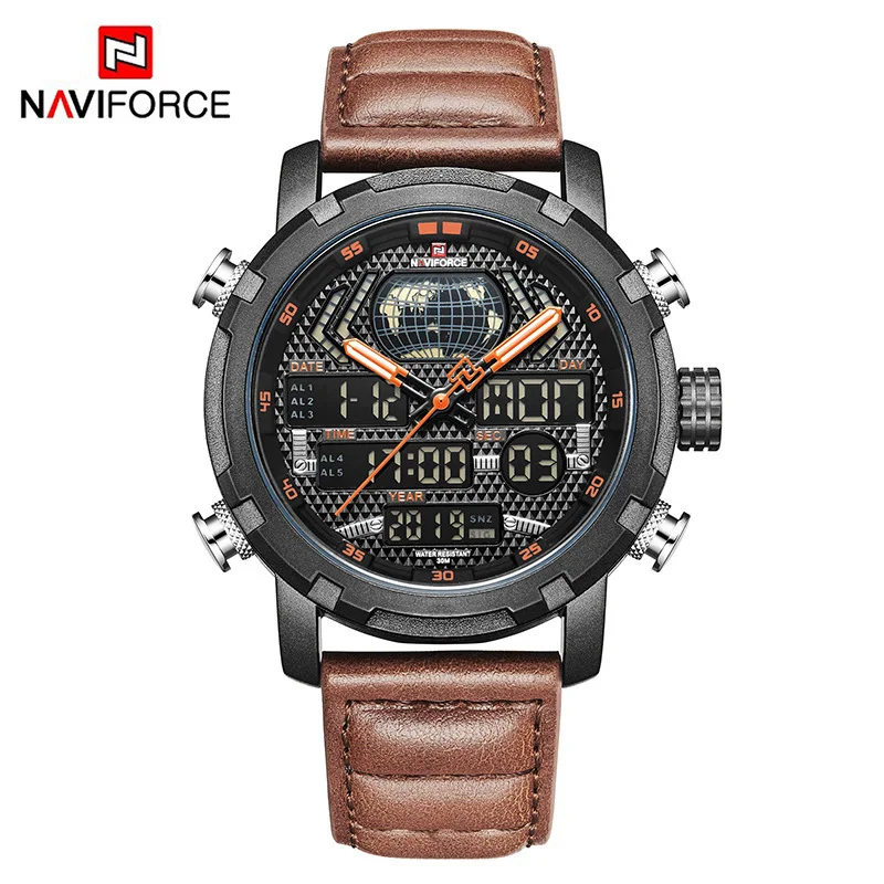 Naviforce 9160 роскошные Цифровые Аналоговые спортивные наручные часы с ремешком из натуральной кожи мужские часы