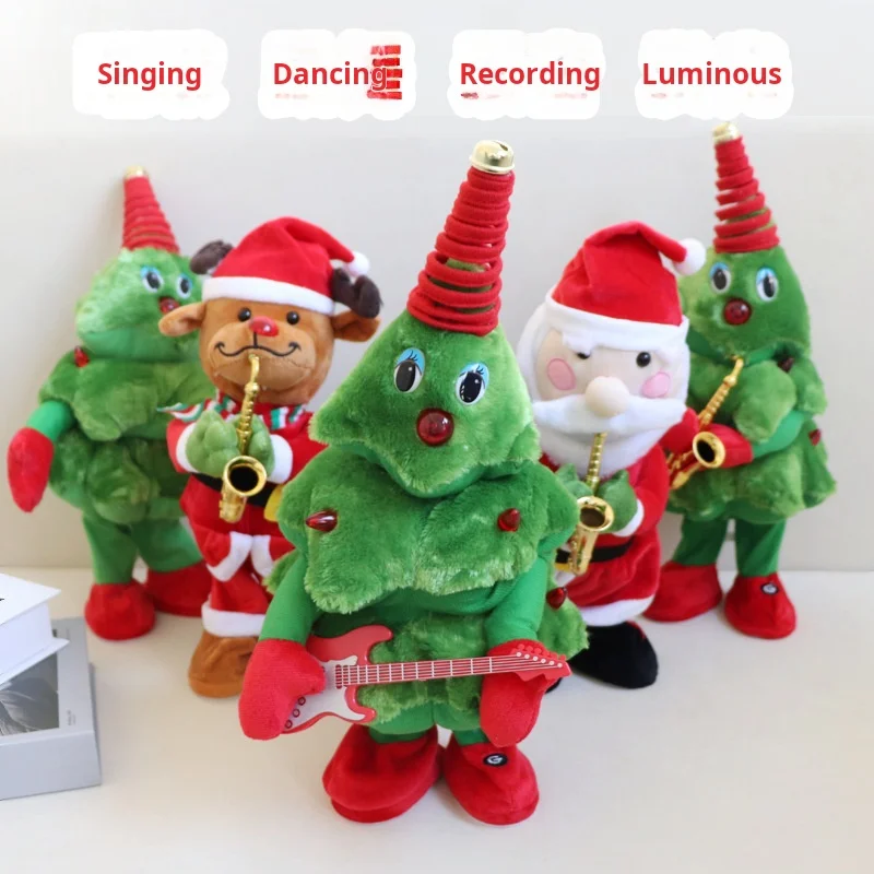 Fast Shipping Christmas Tree Santa Design High Quality Electronic Recording Dancing and Singing Rechargeable Plush Toys for Kids