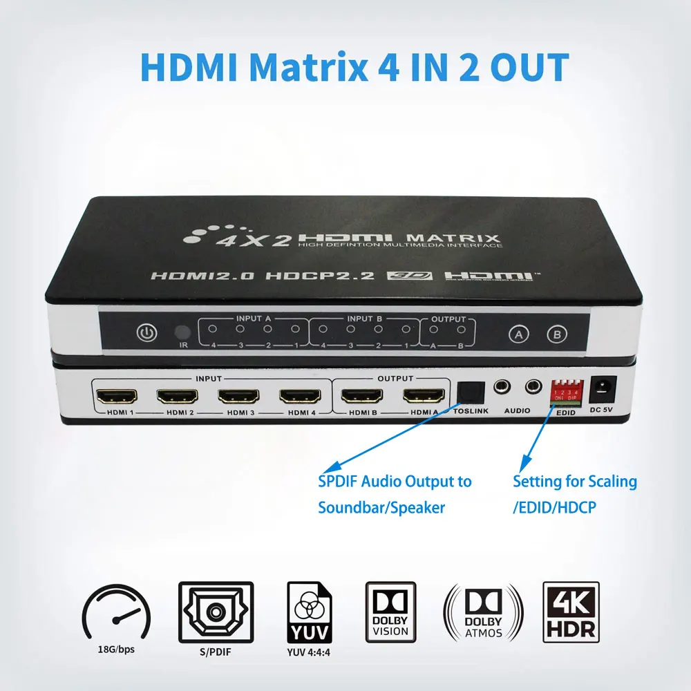 4k x 2k 30 Гц 3D Hdmi переключатель разветвитель 2 входов 4 выхода в Ультра Hd матрица 2x4 с пультом дистанционного управления