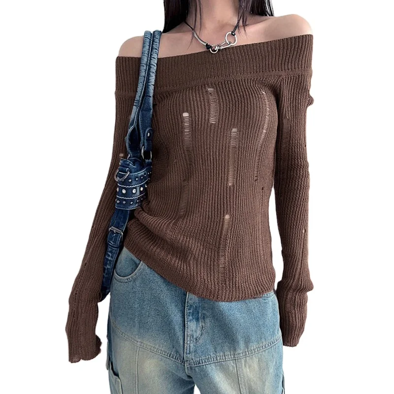 Long Sleeved One Shoulder Knit Sweater Ladies Long Sleeved Tops Wholesale Y2k Clothing Top Femme Sexy