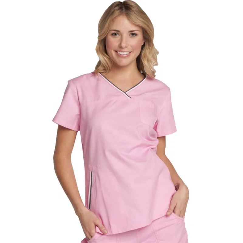 Women Nursing Hospital Uniform Rib Crew Neck Three Pocket Custom Made Nurses Scrub Top