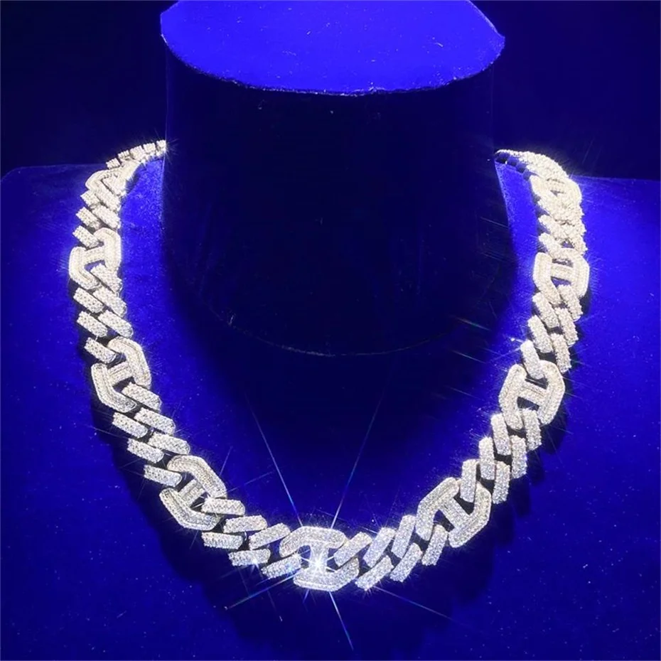 Mens Solid 925 Silver Hip Hop 15.5MM Figarucci Coffee Bean Link Prong Claw Baguette Cz Cuban Chain Necklace