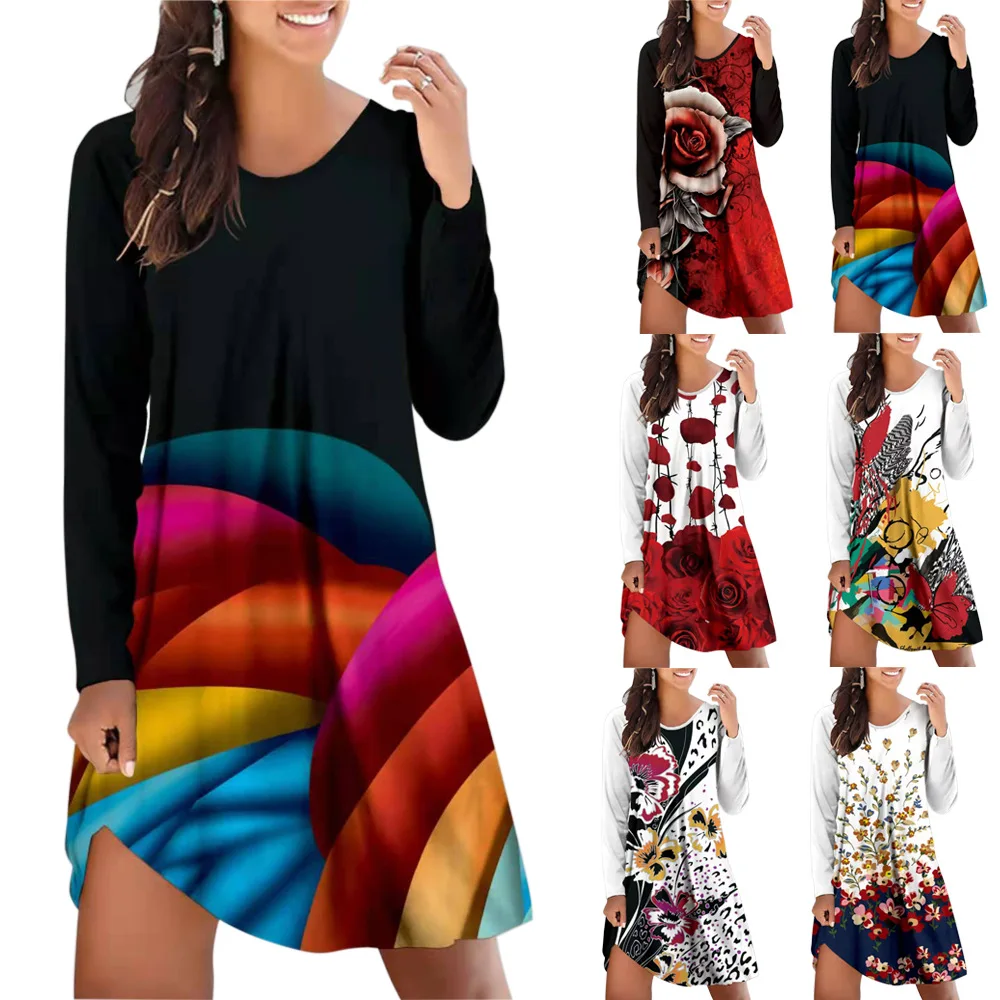 European and American hot style fashion personality multi-color printing loose wild long-sleeved dress