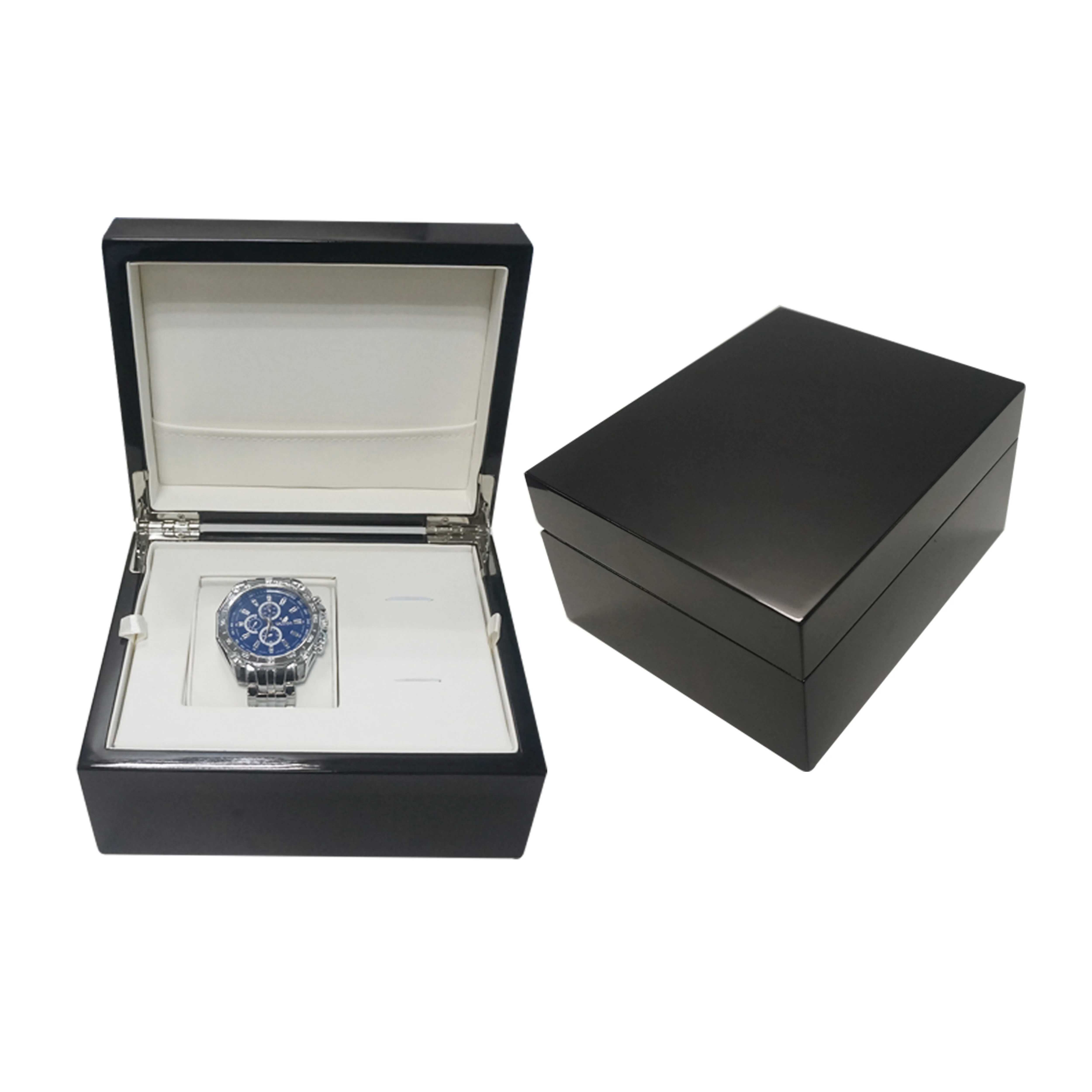 
HSMA luxury watch storage packaging black glossy lacquer wooden watch gift box with removable insert 