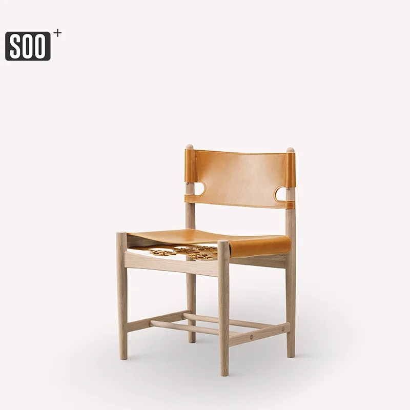 Nordic solid wood saddle leather back-to-back dining chair Spanish designer classic standard home wood arm leather chair