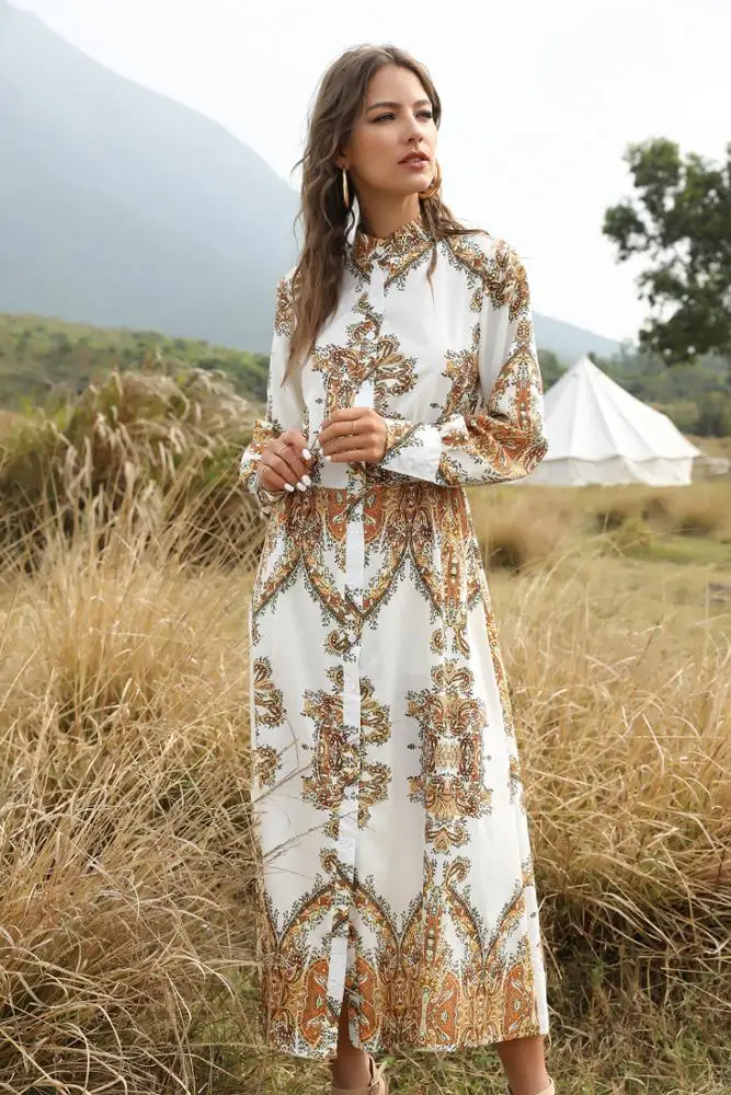 
New Bohemian Style Summer 2020 Court Printed Long Sleeve Shirt Dress Single-breasted Big Swing Long Maxi Dress Pakistan Fashion 