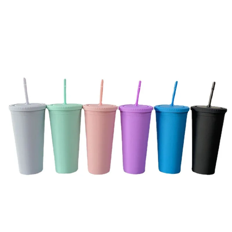22oz Double Wall Frosted Touch Straw Cup Matte Heat Transfer Pattern Plastic Tumbler in Stock