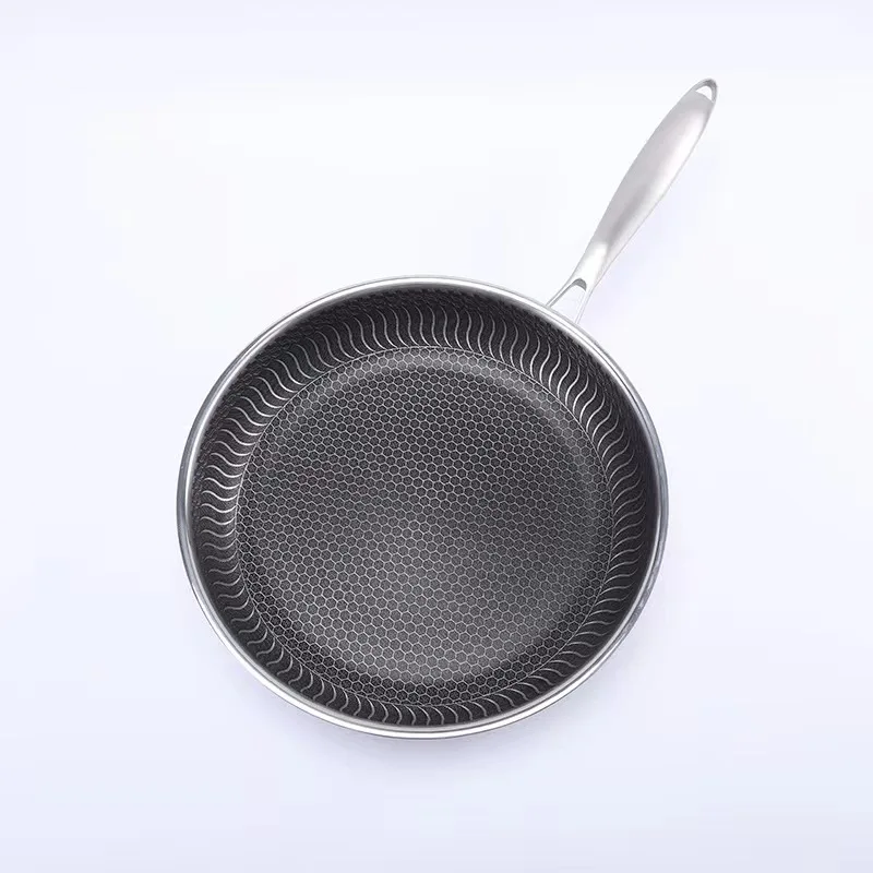 316 Stainless Steel Wok Double Sided Honeycomb Frying Pan with Glass Lid Kitchen Cooking Pan