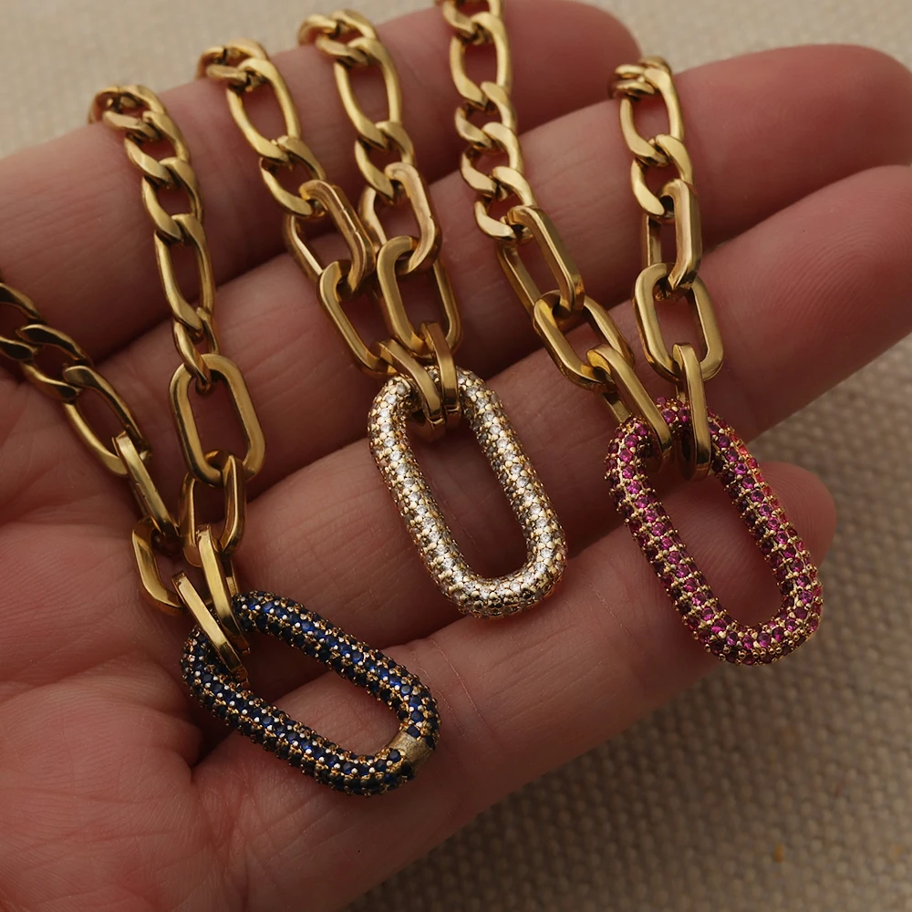INS Fashion Chunky Chain Paving CZ Stone Pendant Minimalist Necklace 18K Gold Plated Paperclip Chain Carabiner Lock Necklace