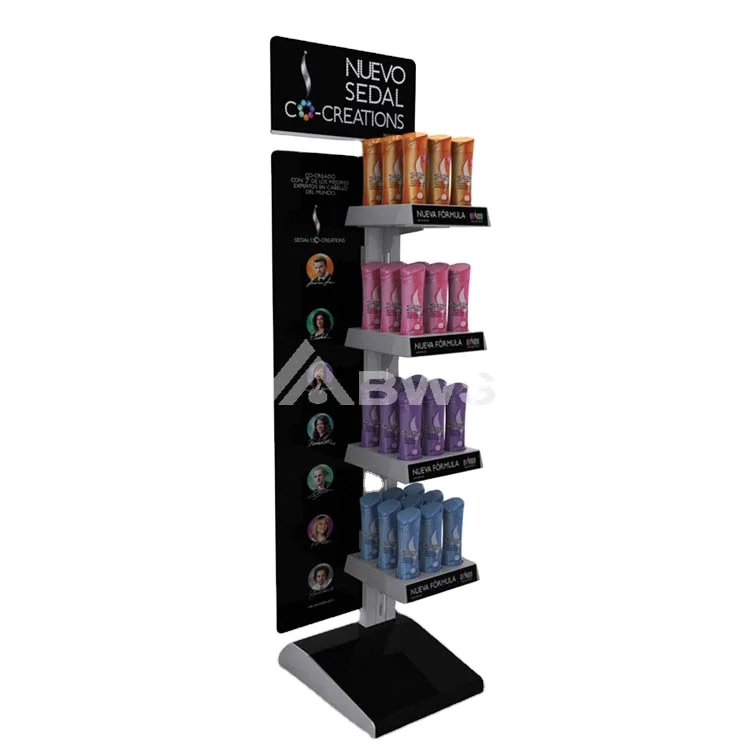 Supermarket Makeup Shampoo Display Stands Floor 4 Layers Acrylic Hair Shampoo Treatment Display Shelf