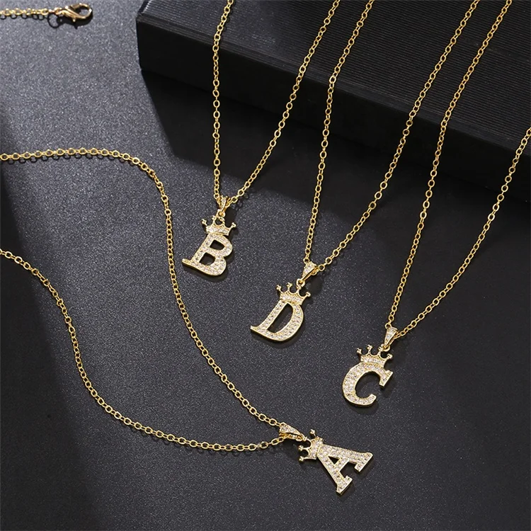 New Luxury Zircon A-Z Crown Alphabet Pendant Chain Necklace Fashion Women Letter Initial Necklace