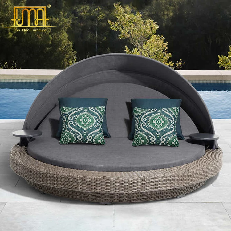 Beach Side PE Rattan Wicker Outdoor Waterproof Bali Daybed With Canopy
