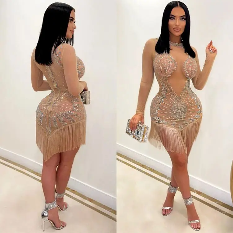 Club Dress Shiny Sequined Red Carpet Dresses Evening Gown Spring Outfits For Women 2022 Translucent Summer Night Rhinestone