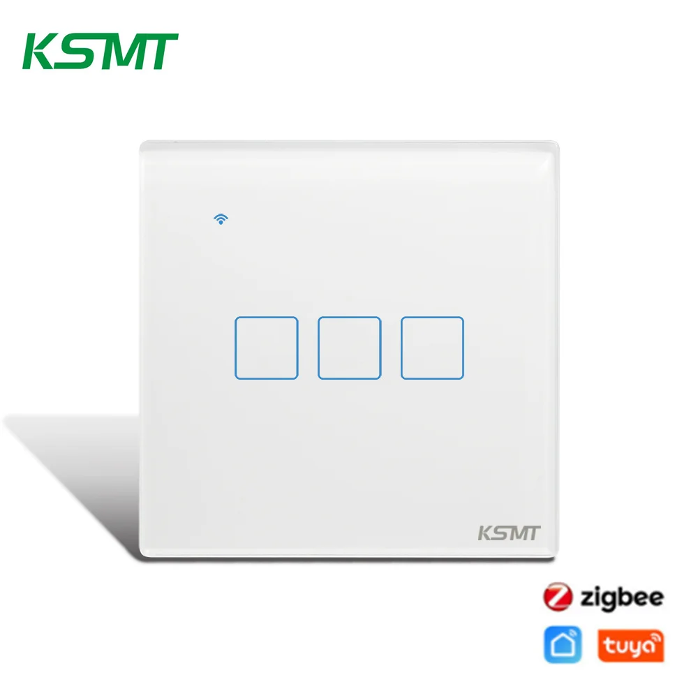 Ksmt 86 EU Standard zigbee mini switch 3 gang1 way tempered glass panel touch light switch zigbee remote switch