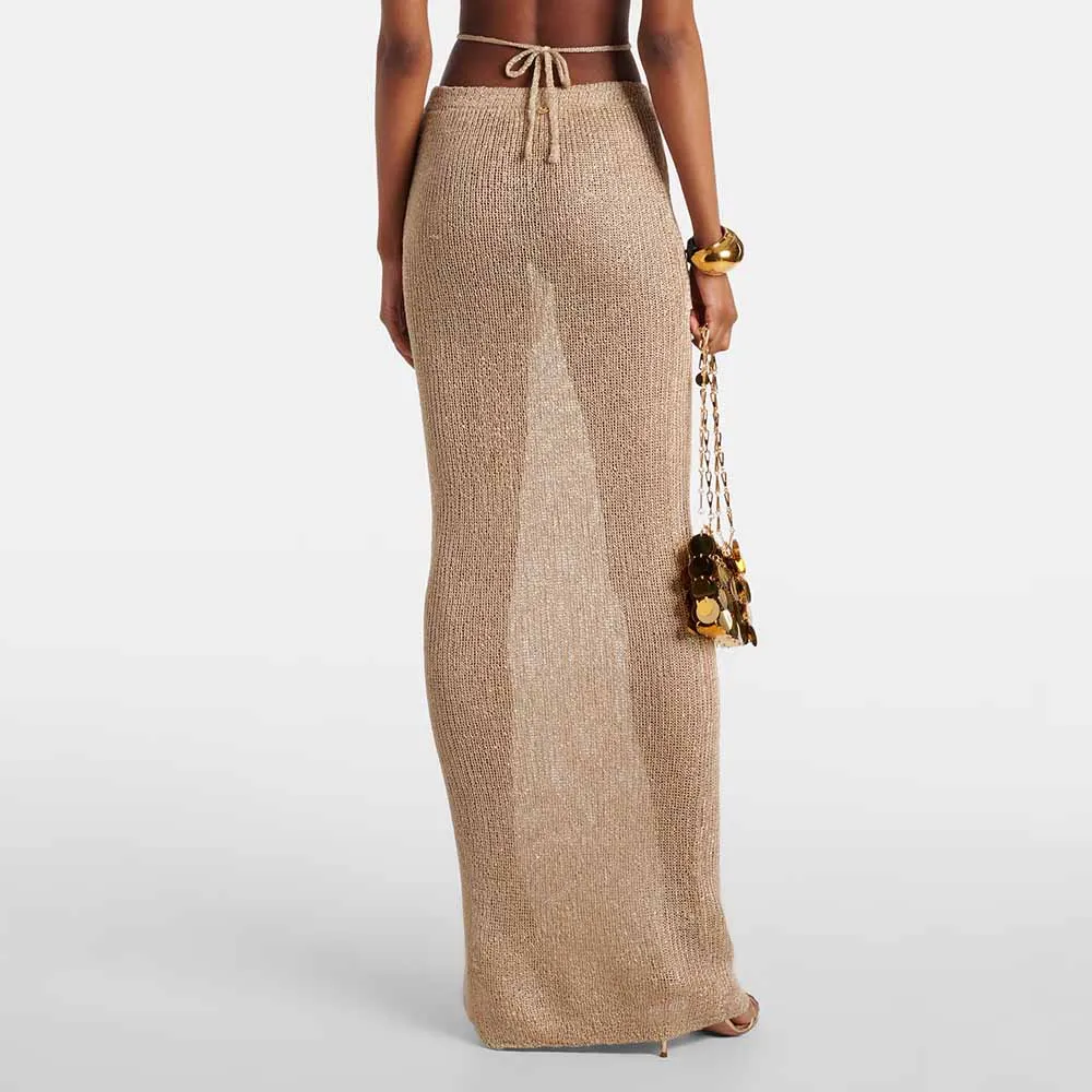 Knitwear Manufacturer Custom Autumn Winter Knot Front drawstring Rib Knitting Bodycon  crochet maxi skirt