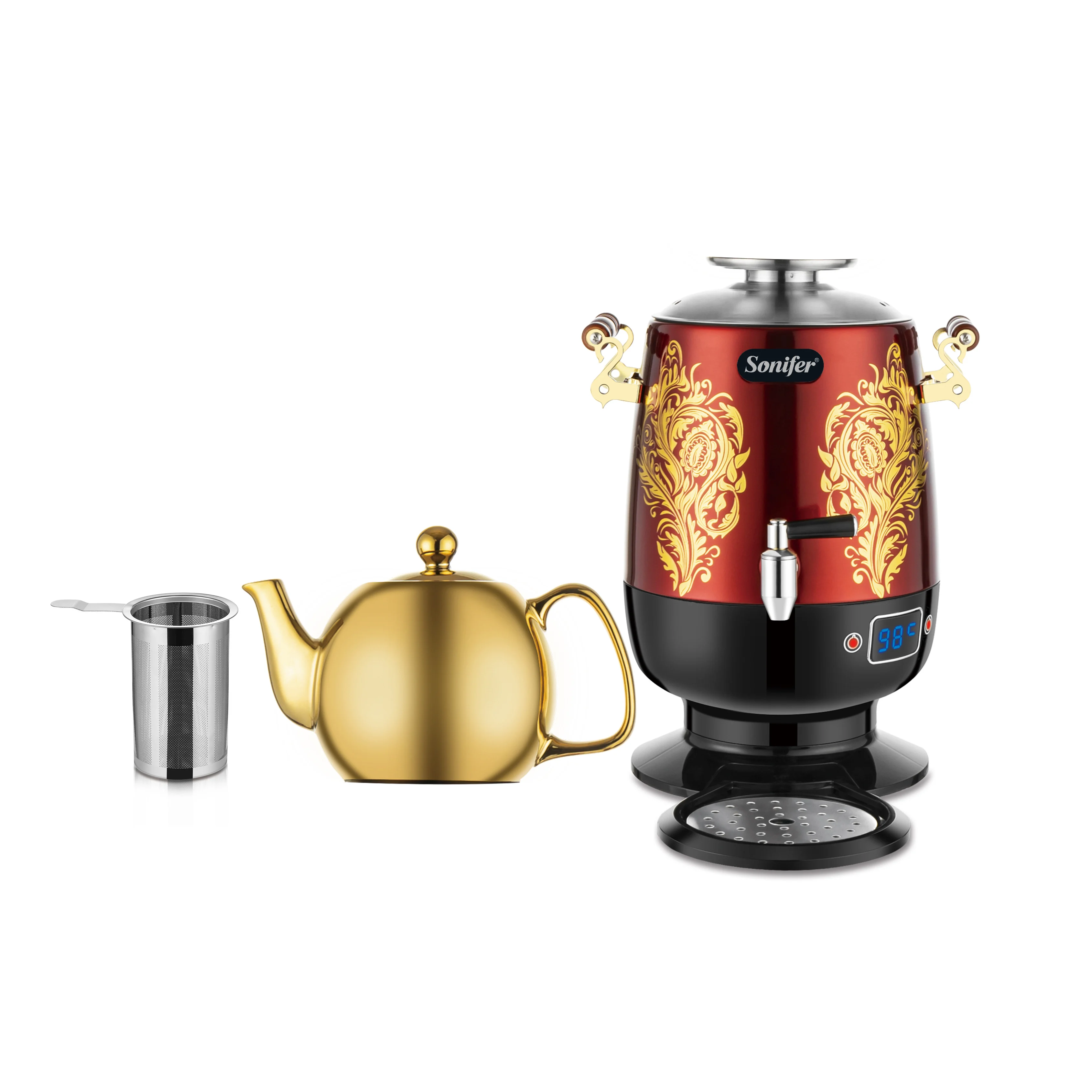 Sonifer SF-2138 Stainless Steel 4L Temperature Control Tea Kettle With 1L Ceramic Teapot On Top Electric Samovar Russian Samovar