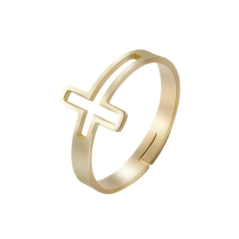 G3224 Wholesale Stainless Steel Simple Gold Plated Open Adjustable Religious Hollow Cross Finger Ring Fashion Jewelry Rings