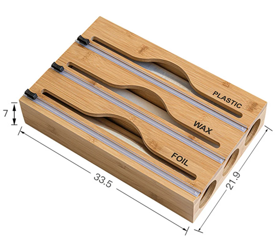 3 in 1 Bamboo Plastic Wrap Dispenser with Slide Cutter for Aluminum Foil, Cling Film, Parchment Paper
