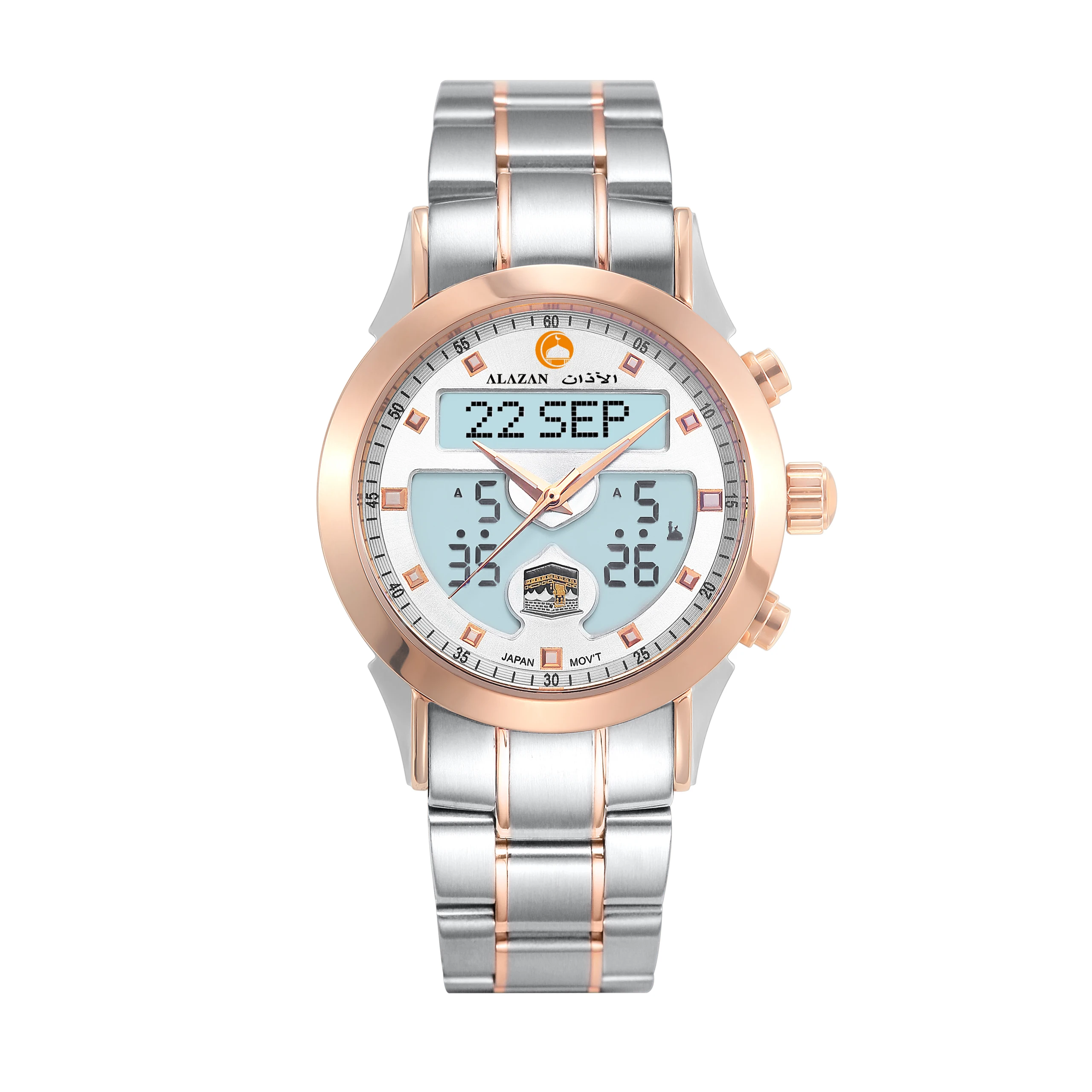alazan Islamic alasr muslim azan alfajr Stainless steel dual time pray qibla compass waterproof Digital watch factory wholesaler