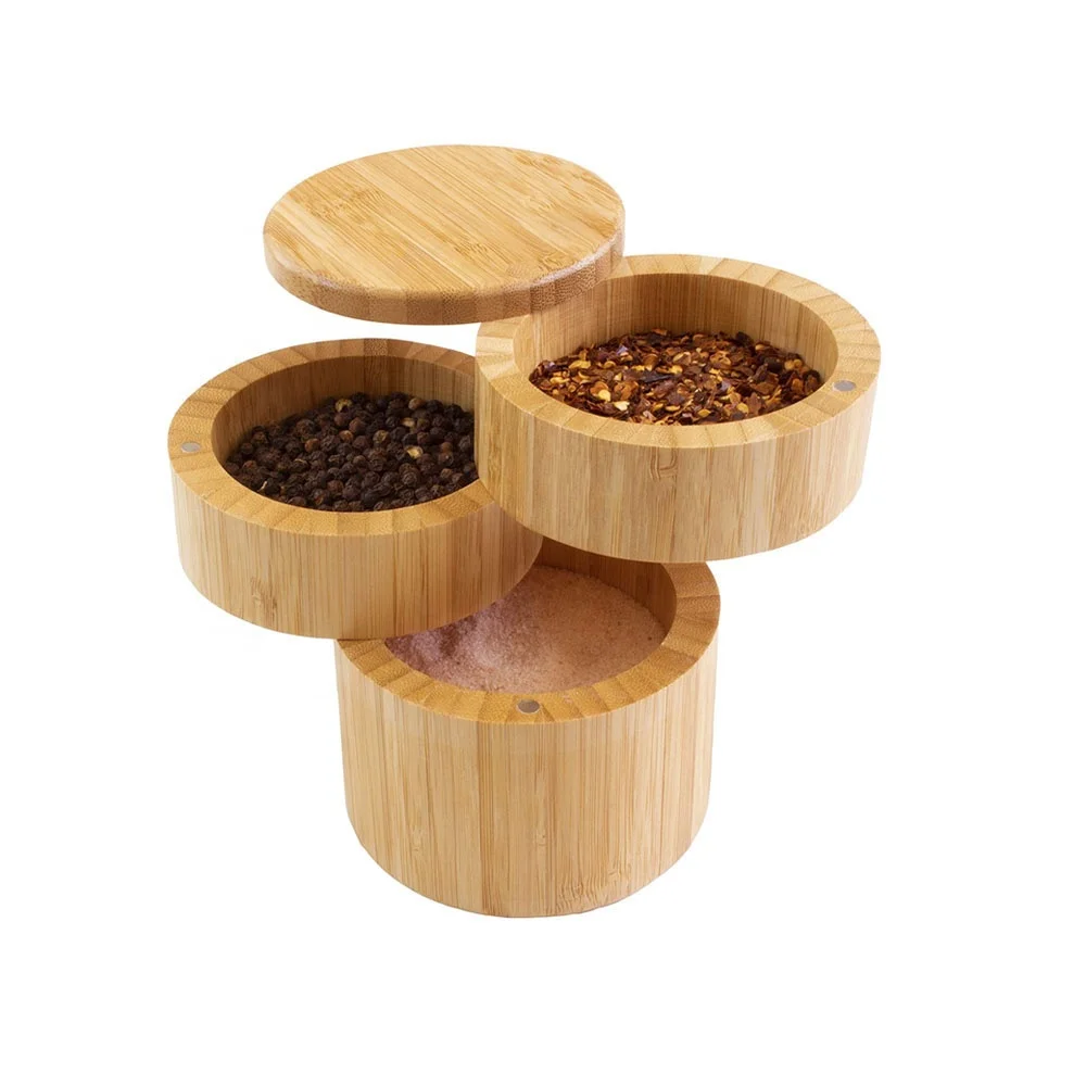 Multifunction kitchen 3 layers set magnetic rotating seasoning jar bamboo spice jars