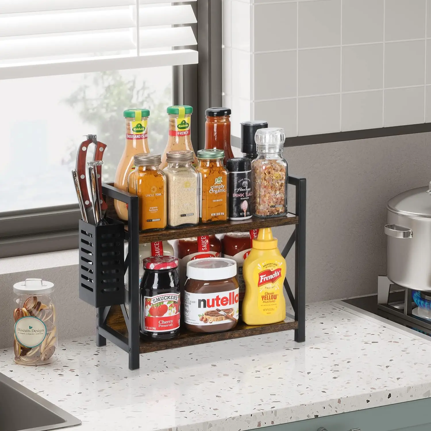 2 Tier Coffee Condiment Bar Accessories Organizer Station, Wooden Kitchen Countertop Storage Spice Rack Shelf