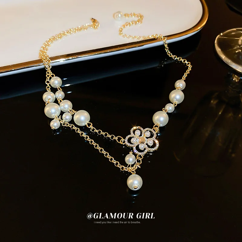 French Retro Flower Perl Necklace Women Luxury Gold Plated Jewerly Necklace Oyster Pearl Necklace Freshwater Jewelry