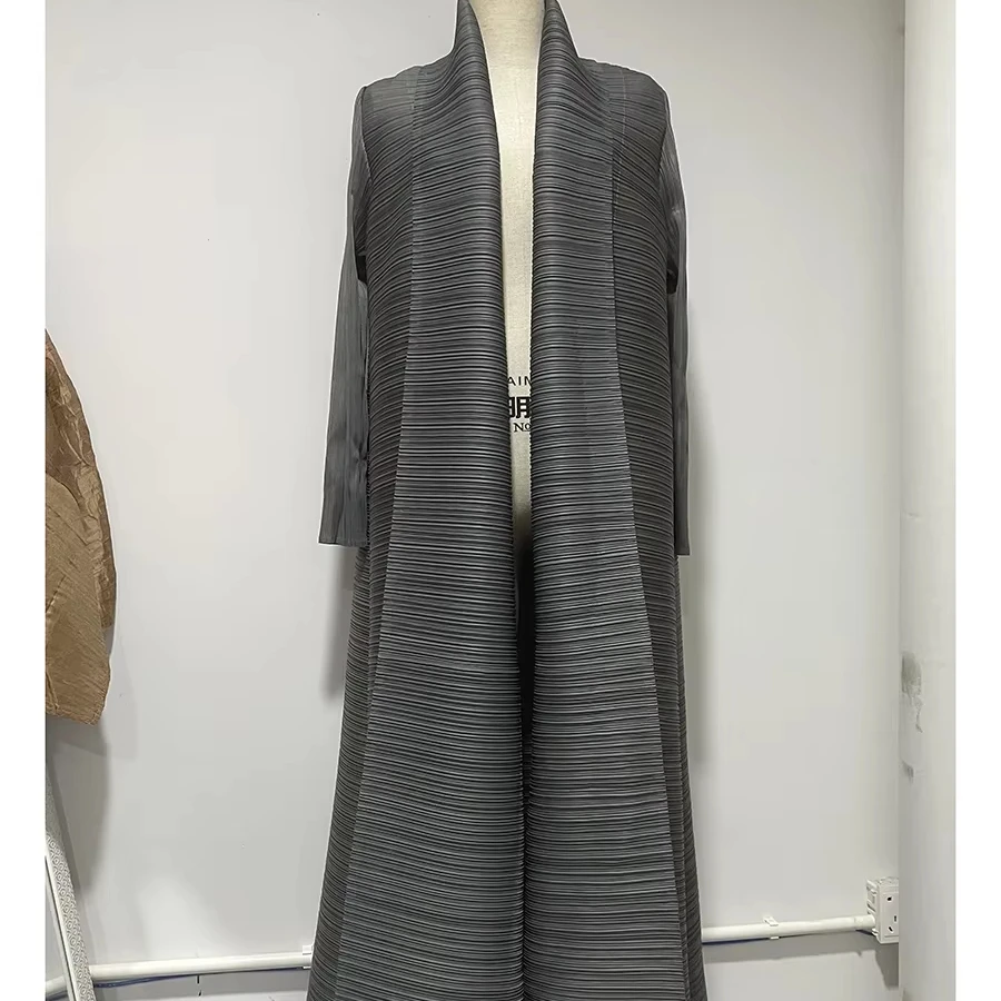 Pleated Turndown Collar Long Sleeve Cardigan Dress Long Coats Women 2024 New Fashion Loose Large Size Clothes