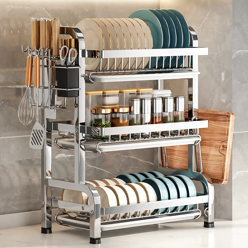 Kitchen bowls dishes drainage storage rack countertop household multifunctional chopsticks knives forks cutting boards storage