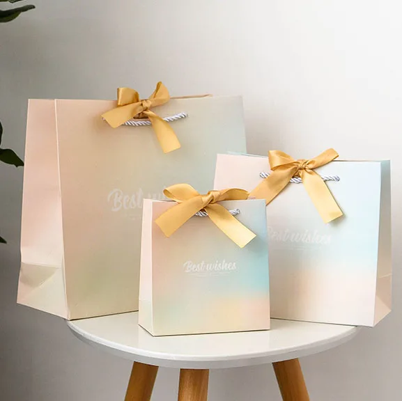 fade color luxury handle paper bag with custom Logo printing alibaba china paper bags with silk ribbon handle