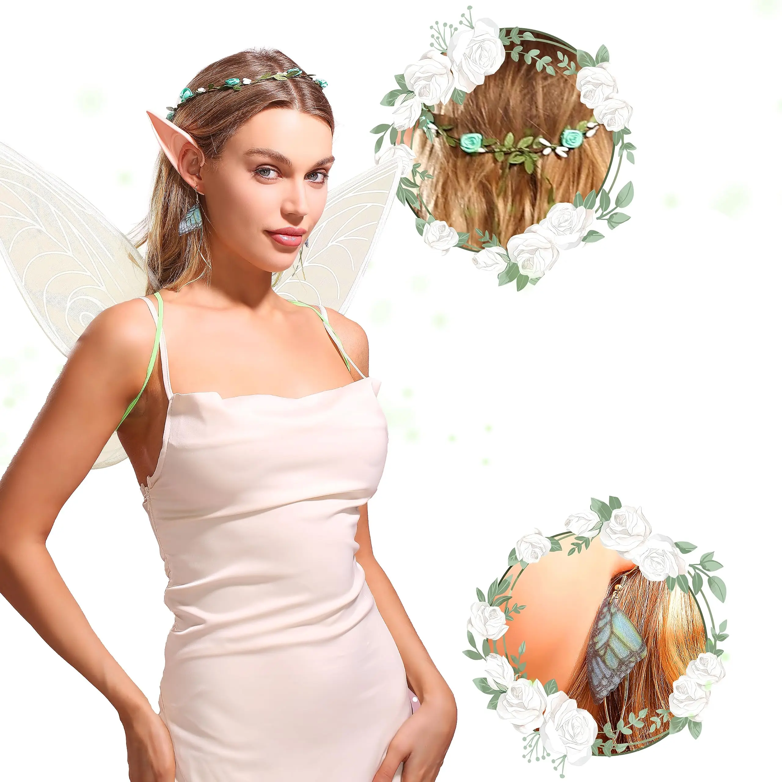 Cosplay Costume Green Fairy Wings Elf Ears Floral Headband Crown Adult Women Fairy Outfit Party Accessories