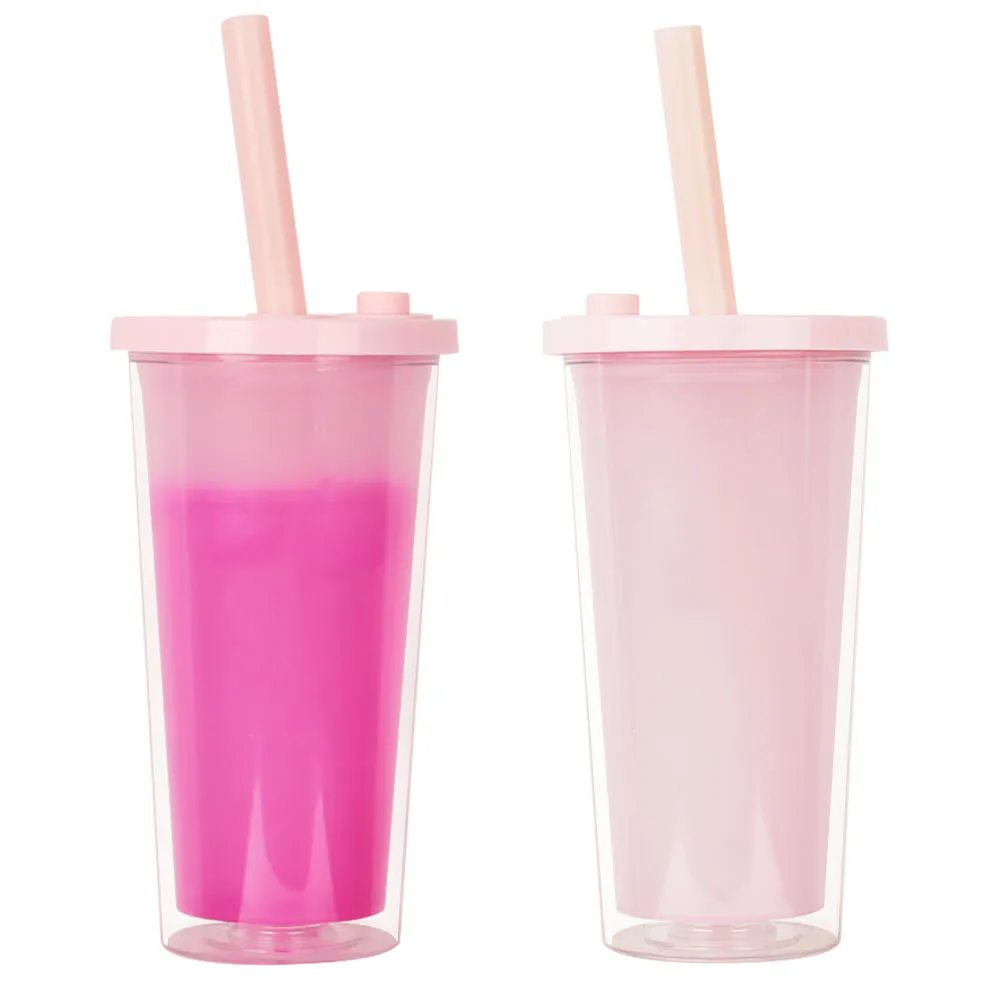 
New Design 20oz 24oz Insulated Acrylic Milk Tea Boba Cup Color Changing Double Wall Bubble Tea Tumbler Cups With Straw 