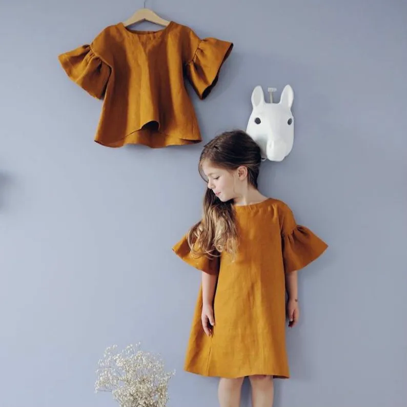 Wholesale short sleeve girls boutique clothing kids baby clothes girl linen dress