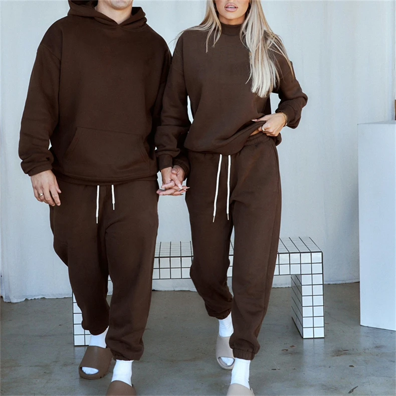 Wholesale Winter Spring Solid Casual Tracksuit Women Fleece 2 Pieces Set Couples Sweat Suit