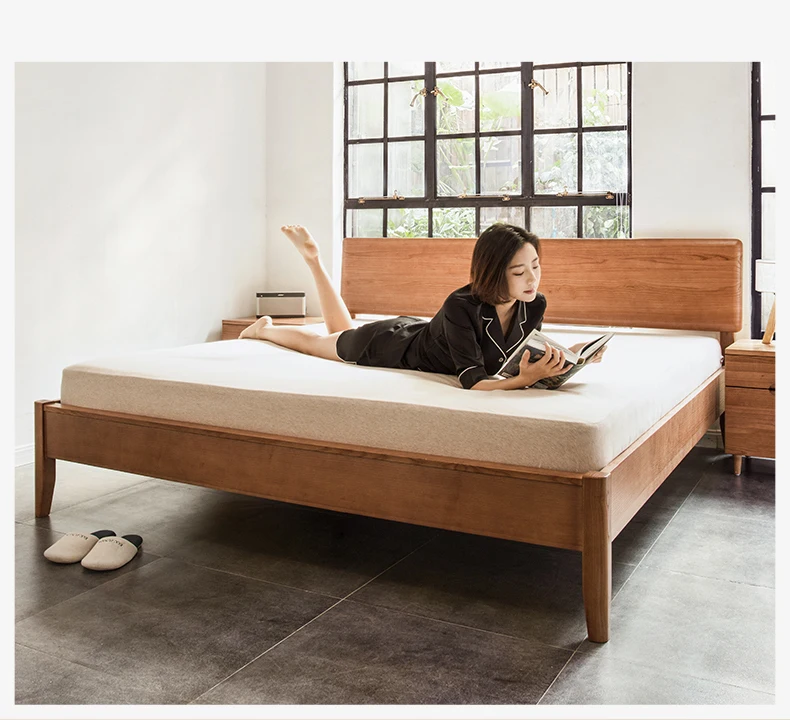 Wood Cottage Style Platform Bed with Headboard Nordic Solid Wood Bed Single Modern Simple Bedroom Apartment Furniture Factory