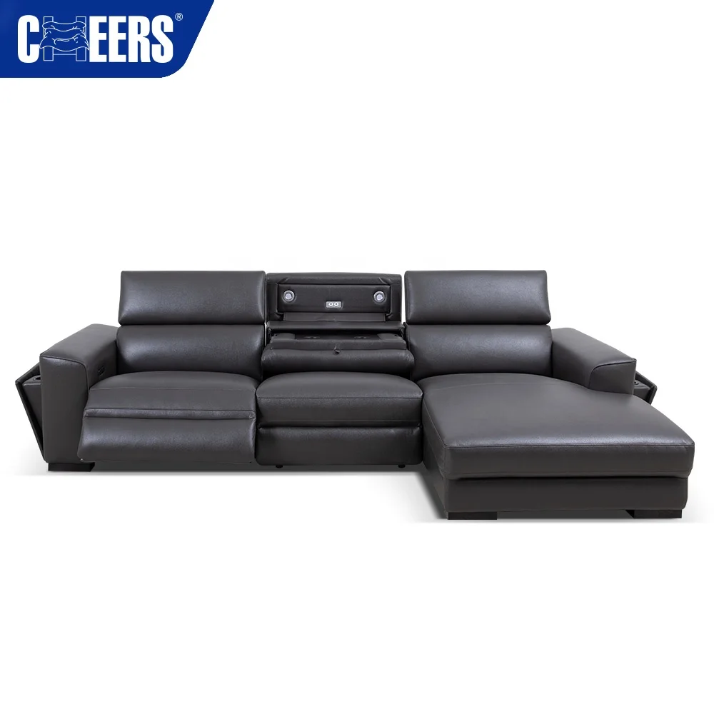 MANWAH CHEERS Hot Sale L Shape Leather Power Recliner Sofa With Chaise Lounge Led Light Cup Holder And Wireless Charging