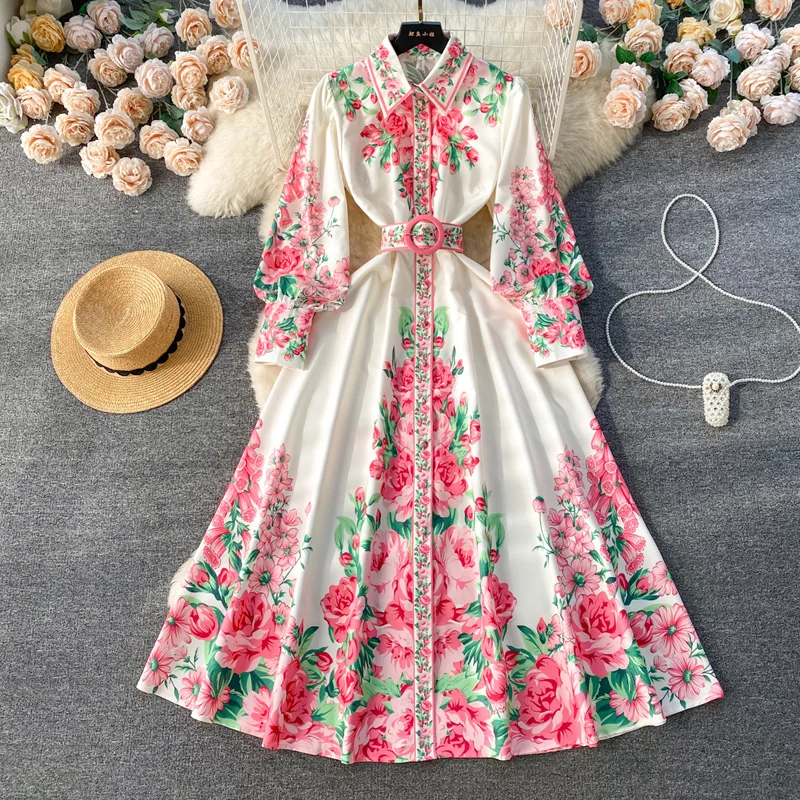 LY030 Wholesale 2024 Print long Sleeve Turn-down Collar A-Line Dress Women Casual Dresses Clothing 3