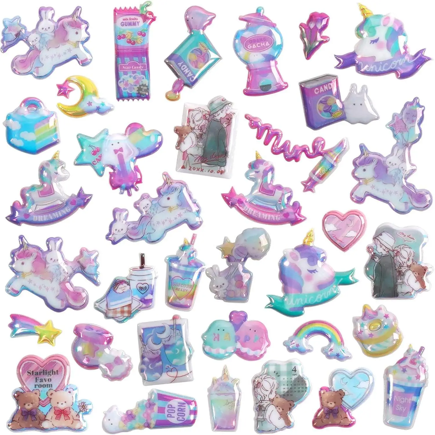 Customized wholesale Best Selling Fluffy Cartoon Stickers Kids Cute Unicorns Rainbowt Colorful Stickers 3D Bubble Stickers