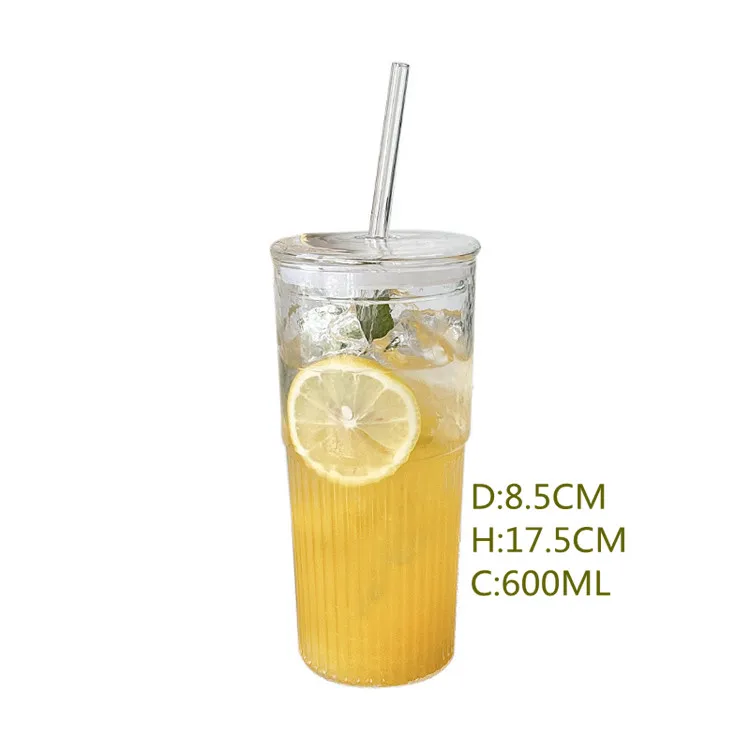 Tumbler Ribbed Coffee Cups Set Glass Mug with Glass Lid and Straw Custom Logo 600ml/20oz Mugs Party Glass Mug