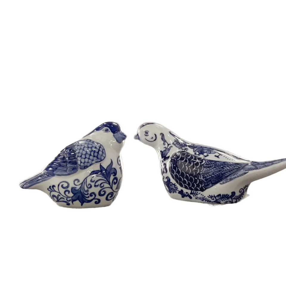 Artistic Home Cute Blue White Ceramic Birds Pigeon Sculptures Statues Bohemian Style Decorative Ceramic Art Animals High Grade