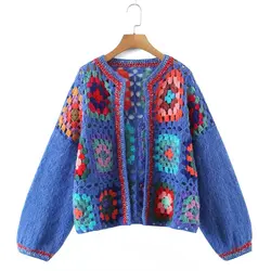 2023 Cropped Vintage Grandma Square Hand Crochet Openwork Custom Ladies Sweaters Modest Cardigan Mohair Knit Women Sweater