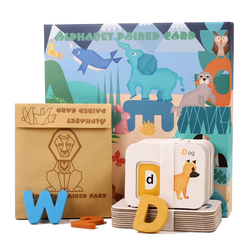 Learning Numbers and Alphabets Flash Cards Set Wooden Puzzle Game Animal Card Board Spelling Educational Toy for Kids Children