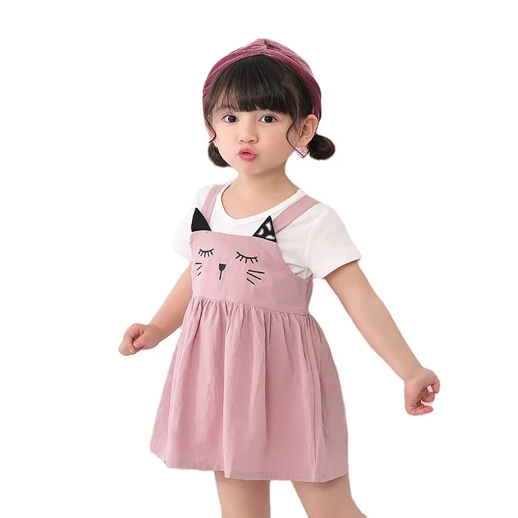 High Quality Cute Cat Pattern Overall Dress 3 Colors Summer Baby Girl Dress Cotton